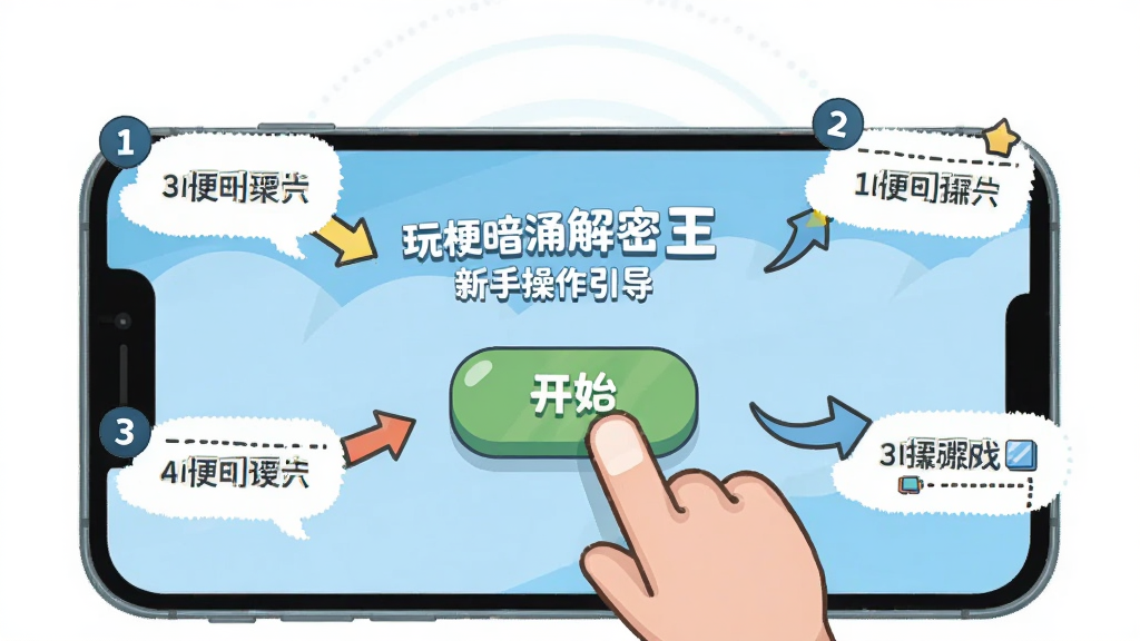 玩梗暗涌解密王新手操作引导界面,画面展示一部手机屏幕,屏幕上有一个卡通手指正在点击开始游戏按钮,周围有箭头标注操作步骤,布局为居中展示,风格为清新扁平插画风,细节包含步骤数字和提示气泡,画质高清,画面干净,无多余元素