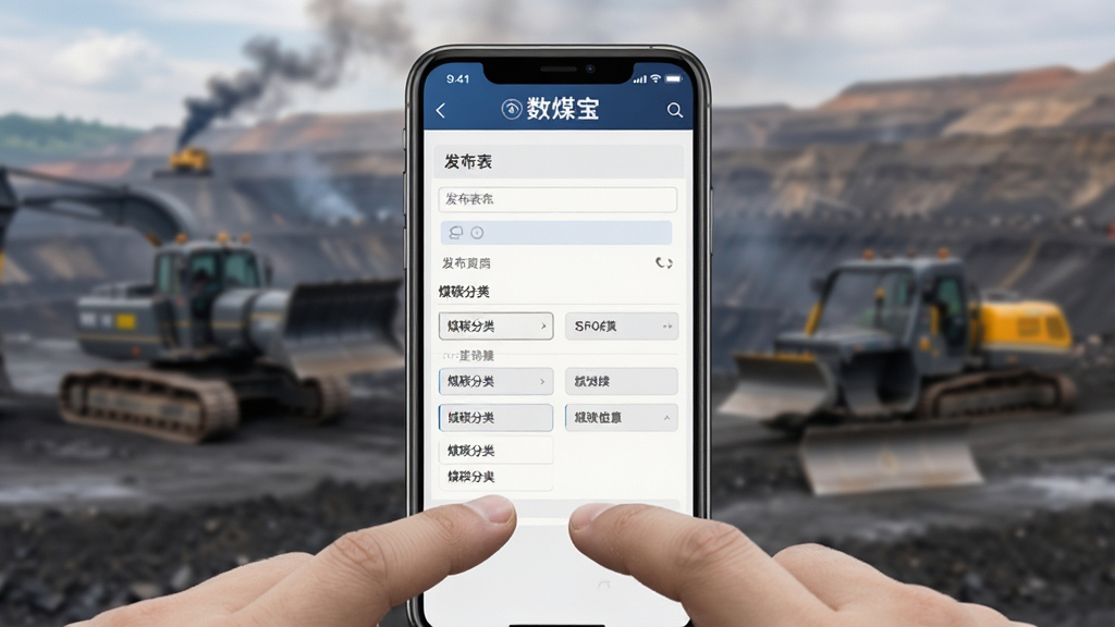 数煤宝供需信息发布界面,画面展示一部手机屏幕特写,屏幕上显示发布表单和煤炭分类选项,手机下方有一双正在操作的手指,背景是模糊的煤矿场景,风格真实自然,画面干净,高清画质,无多余元素