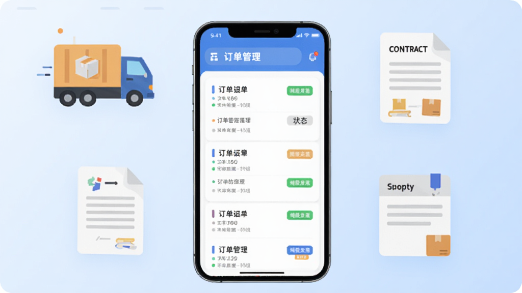 数煤宝订单管理页面展示,画面中央一部手机竖屏显示订单列表和状态标签,手机周围环绕着物流卡车、合同文件和结算单的扁平化图标,背景为淡蓝色渐变,风格现代商务,排版整洁,高清画质,无多余元素