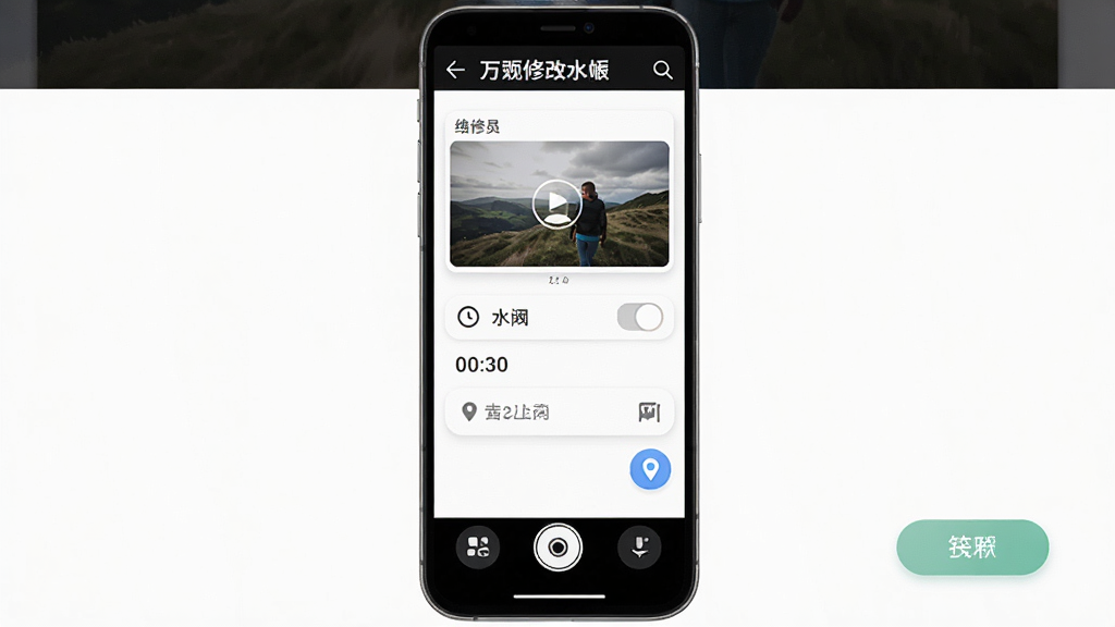 一张展示万能修改水印相机应用界面的手机屏幕截图,画面中央是手机主界面,布局为顶部标题栏和底部功能按钮,排版简洁清晰,风格为现代科技感,细节包括水印编辑框、时间日期选项、地点输入栏和保存按钮,画质高清,干净,无多余元素