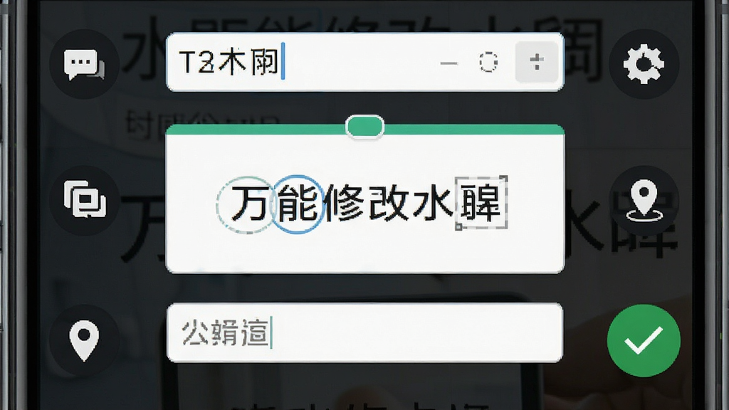 一张展示万能修改水印相机水印编辑功能的特写图,画面主体是手机屏幕上的水印文字编辑框,布局为中央编辑区域加四周功能图标,排版采用上下结构,风格为扁平化设计,细节包括可点击的文字字段、时间选择器、地点输入框和确认按钮,画质高清,干净,无多余元素