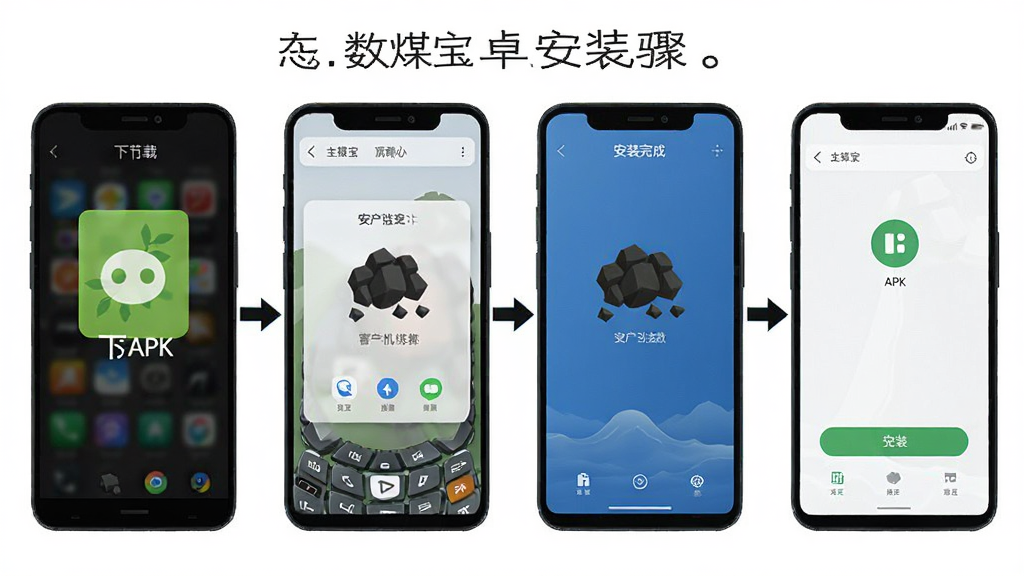 数煤宝安卓手机安装步骤示意图,画面展示一部手机从下载APK到安装完成的四个步骤截图排列,手机旁边有箭头指示操作流程,背景为纯白色,风格简洁教程风,画面干净,高清画质,无多余元素