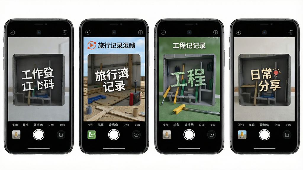 一张展示万能修改水印相机多场景应用的合成图,画面主体是四部手机并排展示不同水印效果,布局为横向排列,排版均匀对称,风格为写实风格,细节包括工作打卡水印、旅行记录水印、工程记录水印和日常分享水印,画质高清,干净,无多余元素