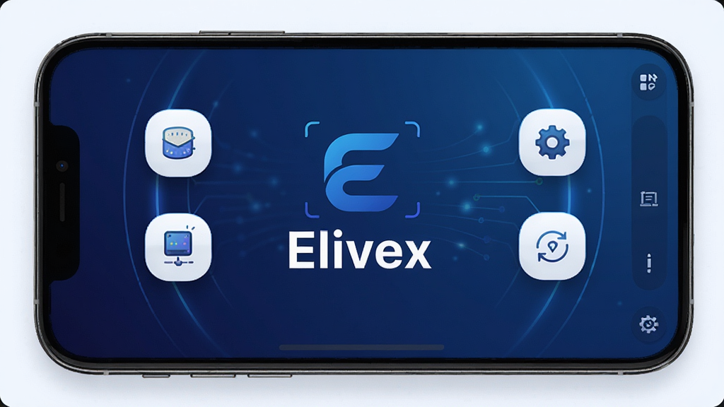 一张展示Elivex软件主界面的手机屏幕预览图,画面中央为软件Logo与名称“Elivex”,背景采用深蓝渐变色调,周围环绕功能图标,布局简洁清晰,风格现代科技感,细节精致,画质高清,干净无多余元素