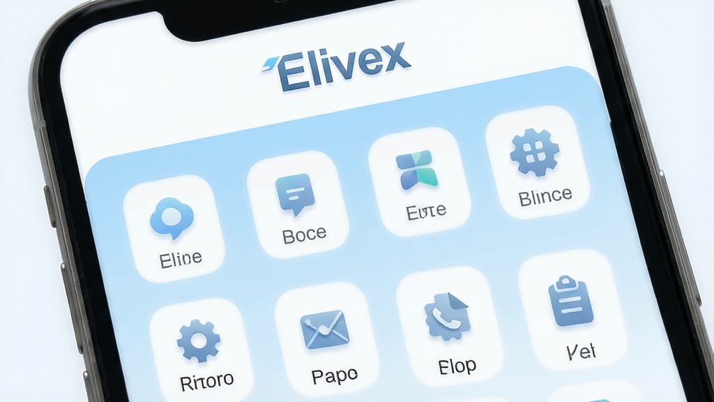 Elivex软件界面设计展示图,画面中为手机屏幕内的功能菜单布局,图标整齐排列,文字标注“Elivex”位于顶部,背景为白色与浅蓝搭配,风格清新浅色,细节精致,画质高清,干净无多余元素
