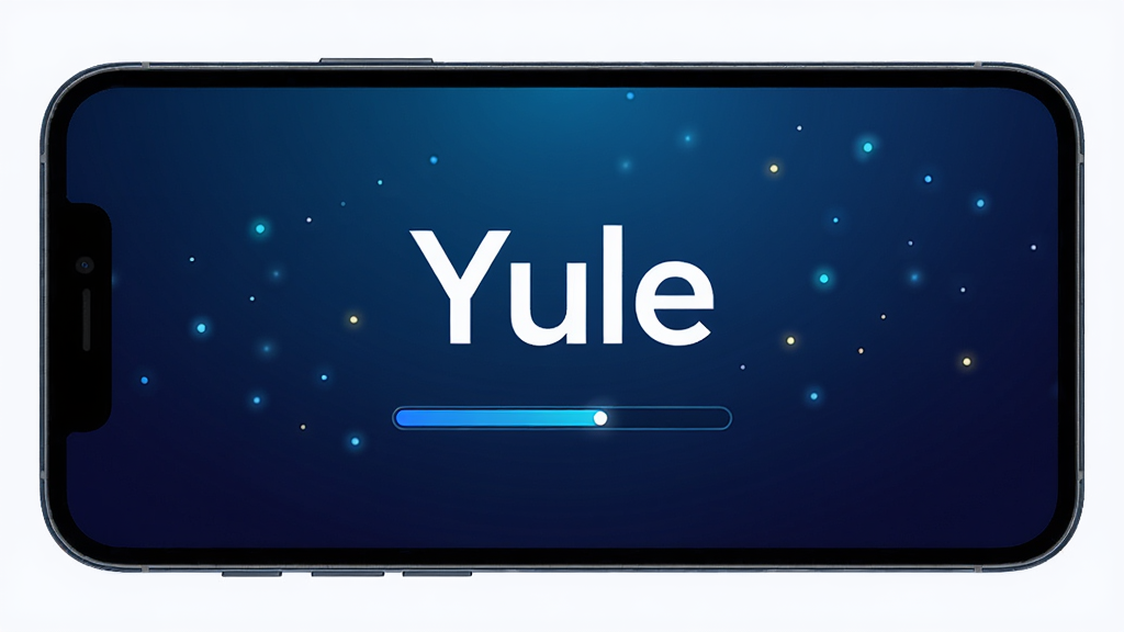 Yule 软件启动画面,手机屏幕中央显示 Yule 文字标识与加载进度条,背景为深蓝色渐变,周围有少量光点装饰,风格简洁科技感,画质高清,干净,无多余元素