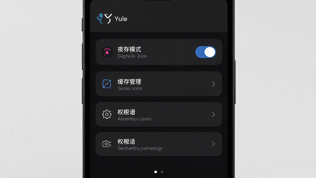 手机屏幕显示 Yule 软件设置界面,包含夜间模式开关、缓存管理、权限设置等选项,界面为深色主题,布局整齐,风格现代简约,画质高清,干净,无多余元素