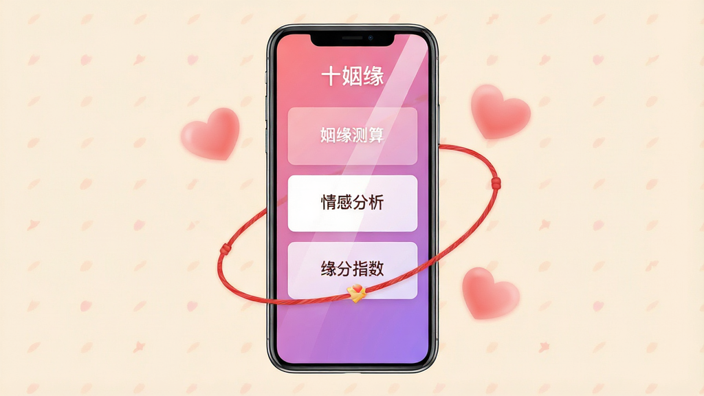 一张展示“十姻缘”手机应用界面的预览图,画面中央是一部竖屏智能手机,屏幕内显示粉紫色渐变背景的姻缘测评首页,包含“姻缘测算”“情感分析”“缘分指数”三个功能入口卡片,手机周围环绕着柔和的爱心与红线元素,整体布局居中对称,风格温馨简约,细节上屏幕有轻微高光反射,背景为浅米色,画质清晰干净,无多余杂物