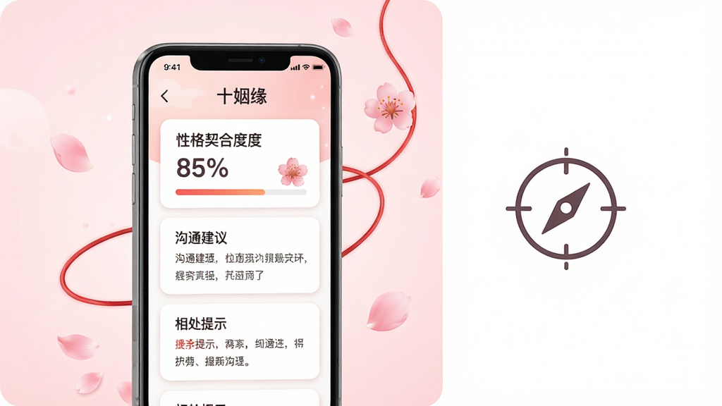 一张“十姻缘”核心测算功能的AI生图,画面主体为一部手机屏幕展示姻缘报告页面,报告以卡片形式列出“性格契合度85%”“沟通建议”“相处提示”等内容,手机旁漂浮着红线与桃花瓣装饰,布局上手机居中偏左,右侧留白处放置一个简约的罗盘图标,风格清新唯美,细节上文字清晰可辨,背景为淡粉色渐变,画质干净明亮,无多余元素