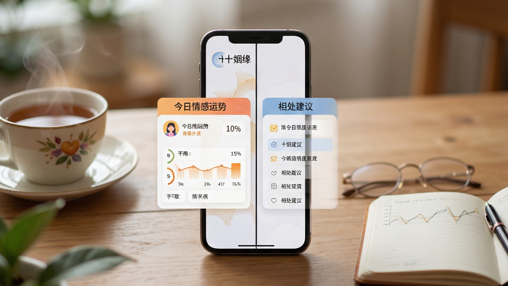 一张展示“十姻缘”情感运势与相处建议功能的生图,画面为手机屏幕分屏展示两个板块,左侧为“今日情感运势”卡片,右侧为“相处建议”列表,手机放置在一张木质桌面上,旁边有一杯热茶和一本翻开的笔记本,布局为手机居中,桌面元素自然环绕,风格生活化温馨,细节上屏幕内容清晰,背景柔和虚化,画质细腻干净