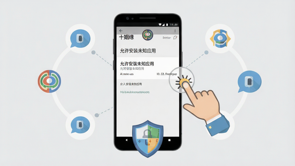 一张“十姻缘”安卓手机安装与权限设置示意生图,画面为一部手机屏幕显示“允许安装未知应用”的设置界面,旁边有手指点击的示意图标,手机下方放置一个盾牌安全图标,布局为手机居中,图标环绕,风格简洁扁平化,细节上界面文字清晰,背景为浅灰色,画质干净无杂乱元素