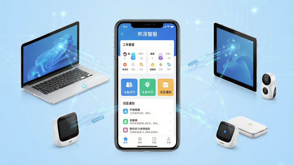 画面中央一部现代智能手机,屏幕上清晰显示“邦泽智服”应用主界面,界面布局包含工单看板、设备状态图标与消息通知栏;手机周围环绕半透明的数字化连接线条,连接着电脑、平板与智能终端设备;背景为浅蓝色科技渐变风格,干净明亮,无多余元素,画质清晰,细节丰富,主体突出,适合软件下载站展示。