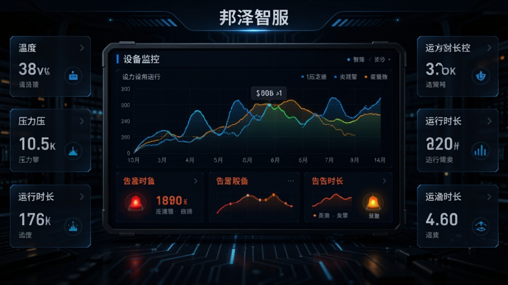 画面呈现“邦泽智服”设备监控仪表盘,背景为深色科技风格,中央大屏显示设备运行曲线图与告警指示灯;周围分布多个小型数据卡片,分别展示温度、压力、运行时长等参数;整体布局对称,细节精致,画质清晰,突出智能监控的科技感与专业性。