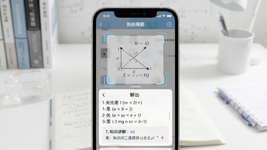 手机屏幕中央显示一道数学几何题,镜头对准题目后出现识别框,屏幕下方弹出详细解题步骤与知识点讲解卡片,背景为整洁的书桌,整体风格清新明亮,画面干净无多余元素,高清画质,居中排版布局,主体突出“拍拍搜题”软件界面,画质细腻