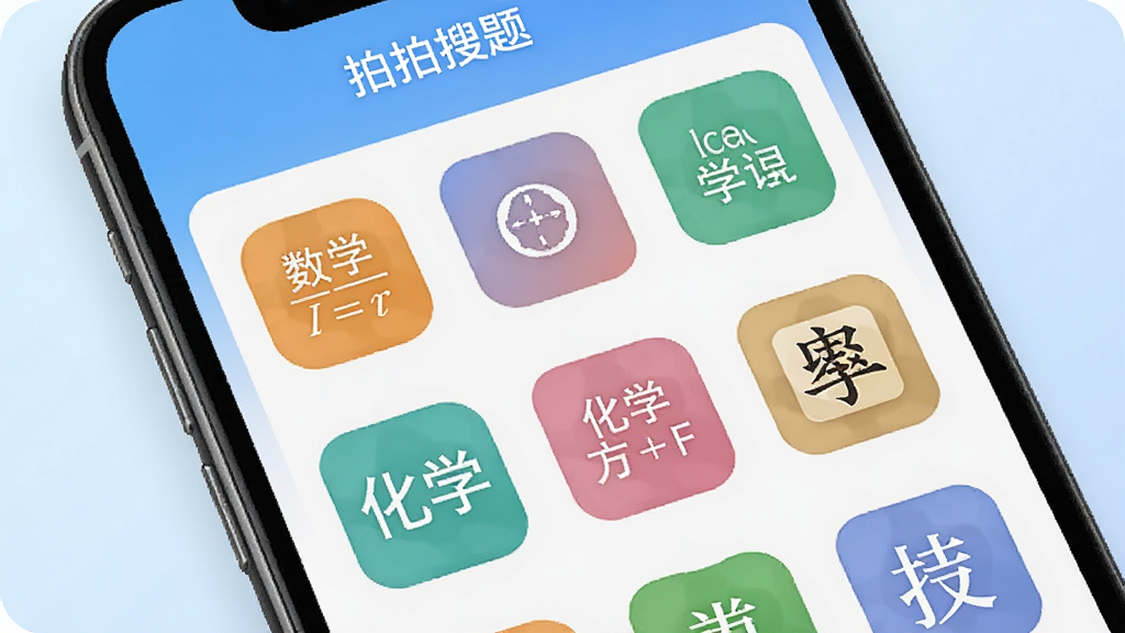 手机屏幕中显示“拍拍搜题”软件的多学科分类界面,数学公式、英语单词、化学方程式、文言文等图标整齐排列,每个学科用不同颜色区分,背景为浅蓝色渐变,布局规整,风格清爽现代,画质高清无多余元素