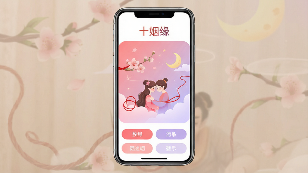 一张手机应用界面展示图,画面中央是一部竖屏智能手机,手机屏幕上显示十姻缘应用的主页面,页面顶部有“十姻缘”三个字,中间是粉红色与淡紫色渐变的姻缘主题插画,包含红线、桃花、月亮等元素,底部有功能按钮排列。整体布局简洁清晰,风格温馨柔和,细节干净,画质高清,无多余元素。