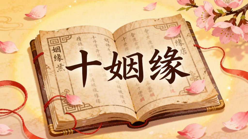 一张温馨风格的插画,画面中有一本摊开的古风姻缘册,册页上浮现出“十姻缘”字样,周围环绕着粉色桃花瓣和红色丝线,背景是柔和的暖黄色光晕。整体布局居中,风格唯美古风,细节精致,画质高清,干净无多余元素。