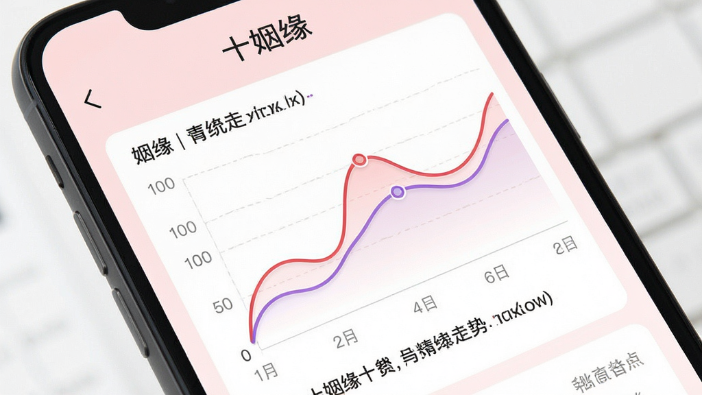 一张手机屏幕特写图,屏幕上显示十姻缘应用的情感走势页面,页面中有曲线图和文字说明,标题写着“十姻缘”,背景为淡粉色,图表线条为红色和紫色。整体布局清晰,风格现代简约,细节干净,画质高清,无多余元素。