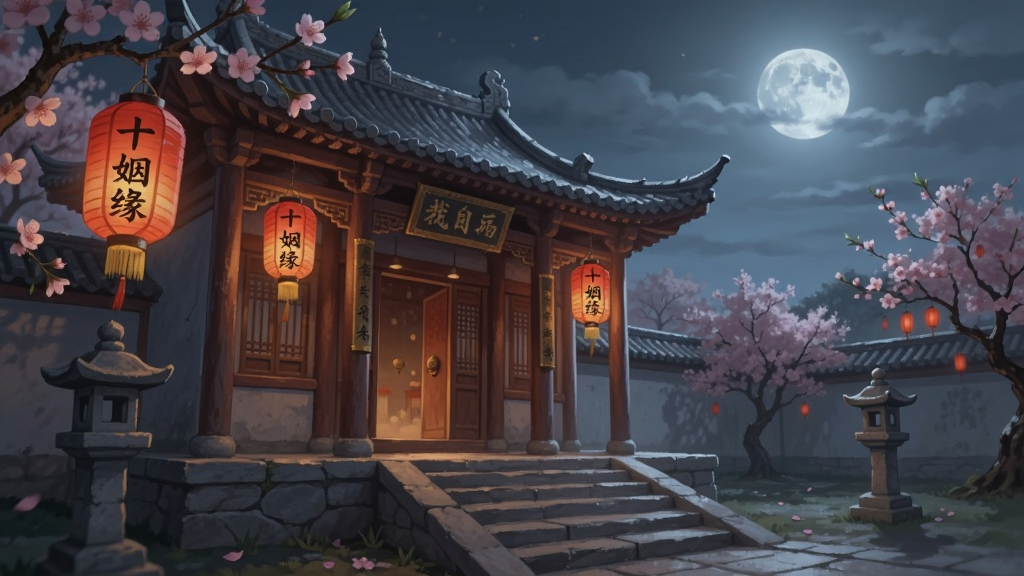 一张古风场景插画,画面中有一座月老祠,祠前挂着红色灯笼,灯笼上写着“十姻缘”,周围有桃花树和石阶,远处是朦胧的月色。整体布局开阔,风格古典雅致,细节丰富,画质高清,干净无多余元素。
