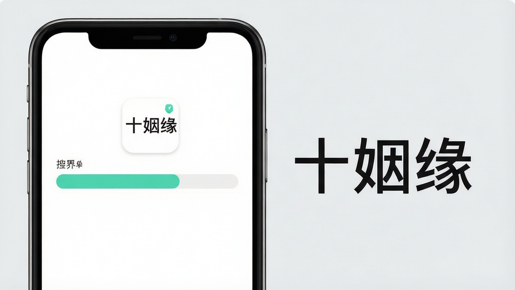 一张手机应用安装界面示意图,画面中手机屏幕上显示十姻缘应用的安装进度条,旁边有“十姻缘”文字标识,背景为浅灰色,整体布局简洁,风格清爽,细节干净,画质高清,无多余元素。