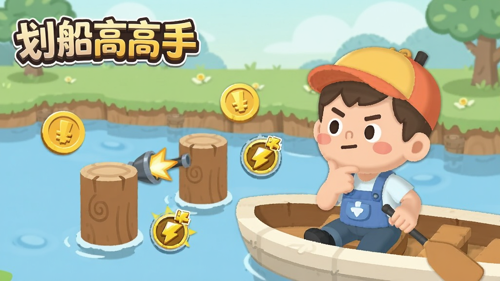 一位卡通风格的新手玩家坐在小船上手持船桨,面对前方河道中的木桩障碍物露出思考表情,旁边漂浮着金币与加速道具图标,背景是教学关卡场景,画面带有