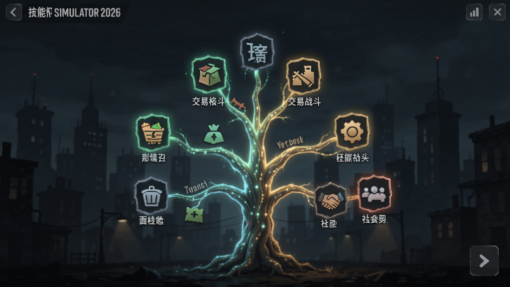 技能树界面风格,画面以乞丐模拟器2026为主题,中央是一棵发光的技能树,分支上分布着拾荒、交易、战斗、社交等图标,背景是暗色调的城市剪影,UI简洁现代,文字标签清晰,整体干净无杂乱元素,高画质游戏界面展示。