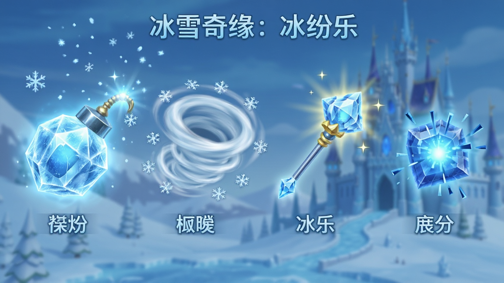 一张冰雪奇缘:冰纷乐游戏内道具展示图,主体为多种特殊消除道具漂浮在冰雪背景中,包括发光的冰晶炸弹、旋转的雪花旋风、闪耀的魔法权杖、蓝色爆破宝石。布局采用横向排列,每个道具旁边标注名称。风格为迪士尼3D动画风格,冰蓝色调,晶莹剔透。细节包括道具周围的光晕、飘散的雪花粒子、背景中的阿伦黛尔城堡轮廓。画质高清,干净无多余元素,画面中打上文字