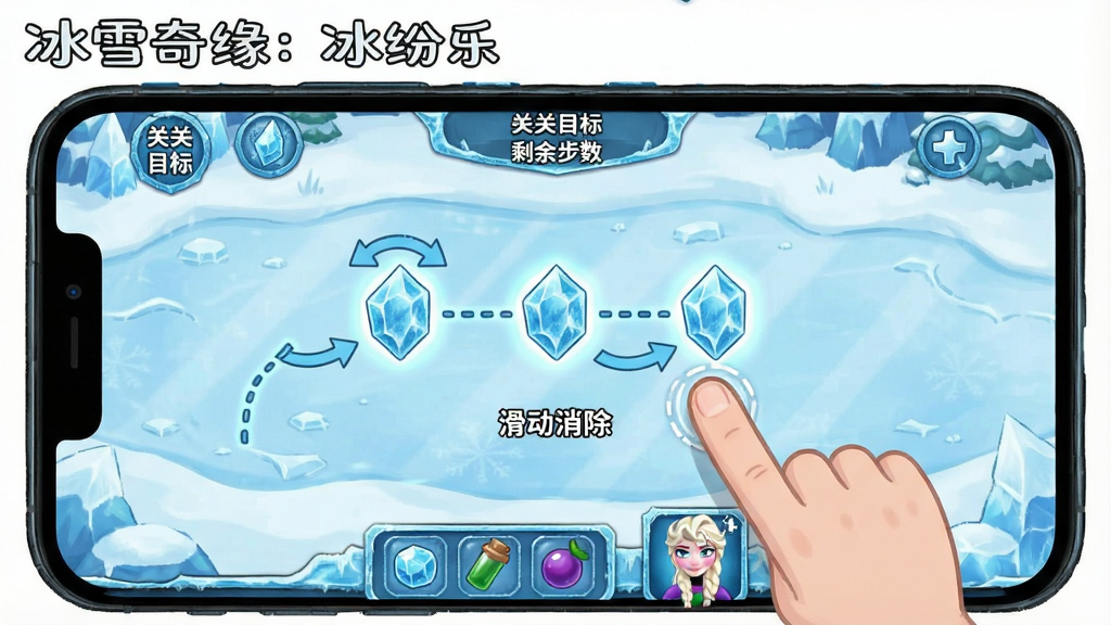 一张冰雪奇缘:冰纷乐新手操作示意图,主体为手机屏幕显示游戏关卡界面,画面中有手指滑动连接三个蓝色冰晶的示意轨迹,旁边有箭头标注操作方向。布局采用手机竖屏截图风格,上方显示关卡目标和剩余步数,下方显示道具栏和角色头像。风格为清新教学插画风格,冰雪蓝白配色。细节包括高亮显示的冰晶、虚线连接线、提示文字