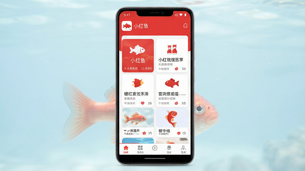 一张展示小红鱼手机应用主界面的预览图,画面中央是一部竖屏安卓手机,手机屏幕内显示小红鱼应用的首页布局,顶部有软件名称小红鱼字样,中部为功能卡片式排列,底部为导航栏,整体配色以红白为主,风格简洁现代,细节清晰,干净无多余元素,高清画质