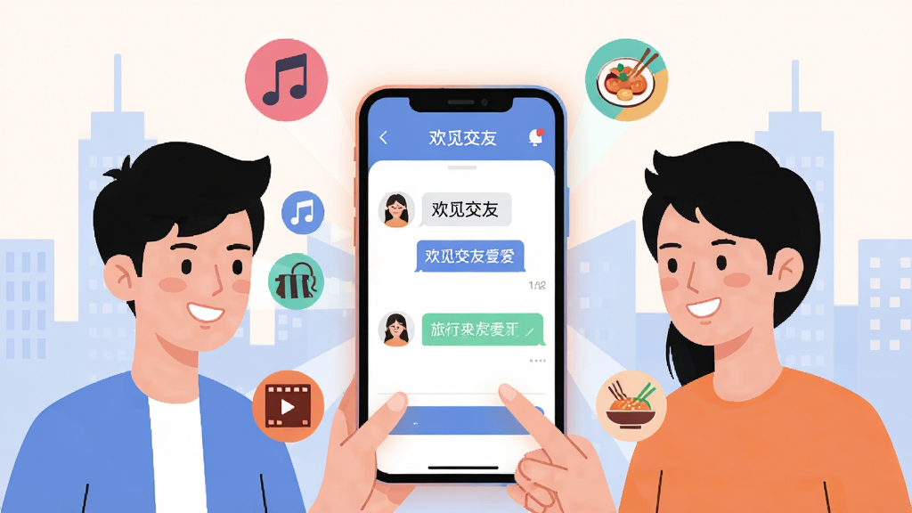 一幅现代都市青年男女在手机上使用欢觅交友软件的插画,画面中央是手机屏幕显示欢觅交友聊天界面,周围环绕着代表不同兴趣爱好的小图标如音乐、旅行、美食、电影。布局采用中心放射状构图,风格为扁平化插画,细节包括手机边缘的柔和光影、人物面带微笑、背景为浅色城市剪影,画质清晰干净,无多余元素。