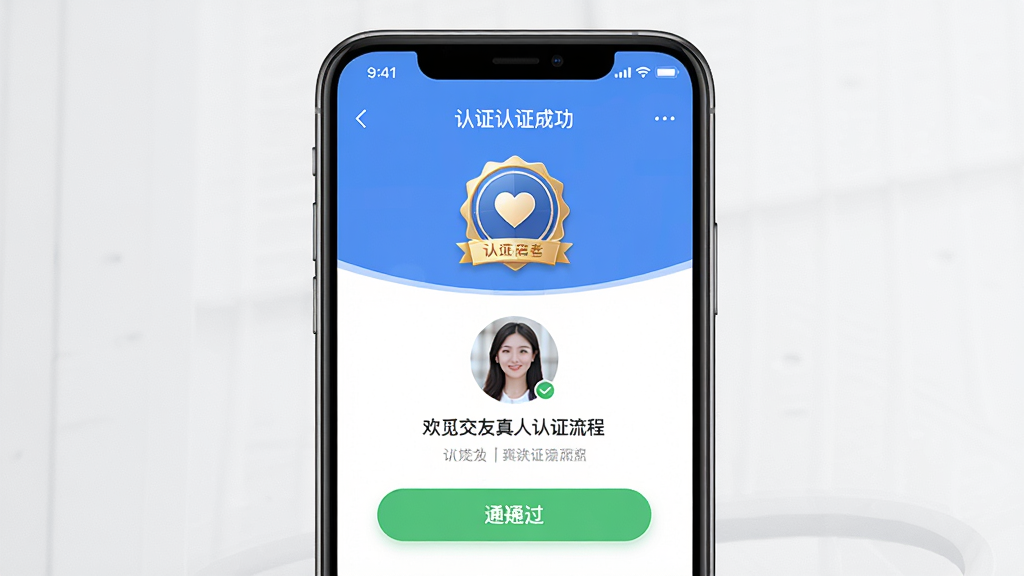 一张展示欢觅交友真人认证流程的界面示意图,主体为手机屏幕显示认证成功页面,布局为居中展示,排版清晰,风格为写实UI风格,细节包括认证徽章、用户头像、绿色通过按钮,画质高清,干净整洁,无多余元素。