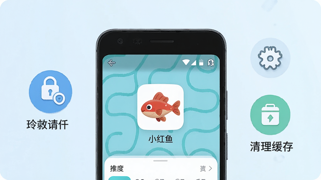 一张展示小红鱼应用在安卓手机上运行状态的示意图,画面中手机屏幕显示小红鱼正常运行的界面,旁边有设置权限和清理缓存的图标元素,整体风格清新浅色,布局清晰,干净无多余元素,高清画质