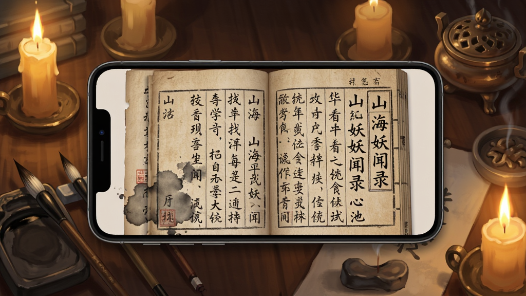 一张展示山海妖闻录阅读界面的插画,画面为一部手机横屏展示古书内页,页面文字为竖排文言,周围有毛笔、砚台、香炉等文房元素,背景为暖黄色烛光,布局为手机居中、文房四宝环绕,风格为古风写实数字绘画,细节包含纸张纤维纹理、墨迹晕染、烛光摇曳,画质高清,干净,无多余元素