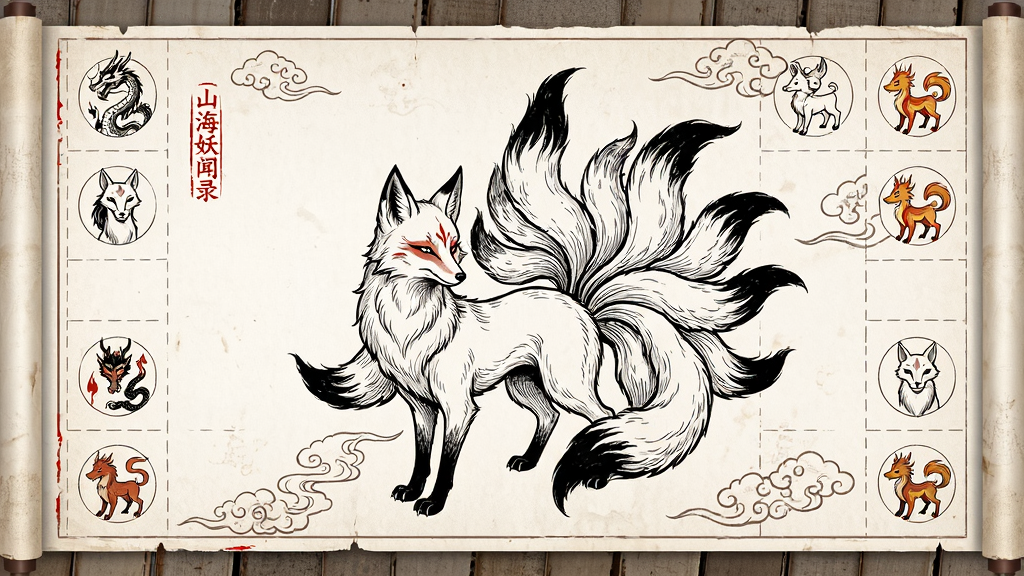 一幅展示山海妖闻录妖异图鉴页面的插画,画面主体为一只九尾狐的精致线描图,周围环绕着烛龙、白泽、毕方等神兽的小型图标,背景为仿古卷轴,布局为图鉴网格排列,风格为东方古典白描插画,细节包含毛发纹理、云雾纹样、朱砂批注,画质高清,干净,无多余元素