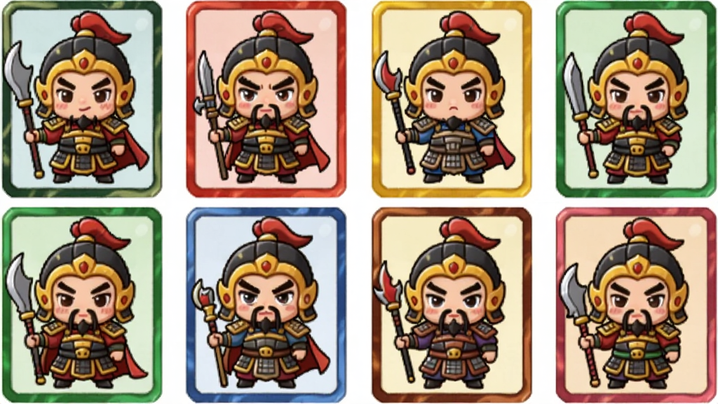 Q版三国武将集体亮相的卡牌展示画面,主体为十位萌化三国武将排列成两行,布局采用卡牌网格排版,风格为日系Q版卡通,细节包含每位武将的独特萌系表情、武器道具、彩色边框卡牌,画质高清,干净,无多余元素