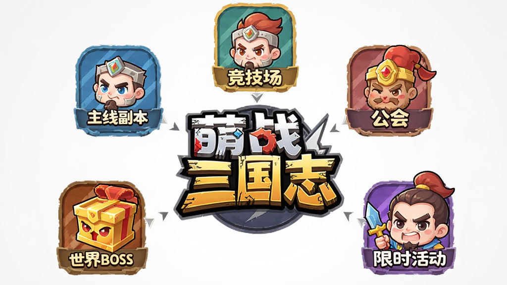 萌战三国志多元玩法功能展示图,主体为五个玩法入口图标排列,布局采用环形围绕中心游戏Logo,风格为扁平化Q版游戏UI,细节包含主线副本、竞技场、公会、世界BOSS、限时活动的彩色图标和文字标注,画质高清,干净,无多余元素