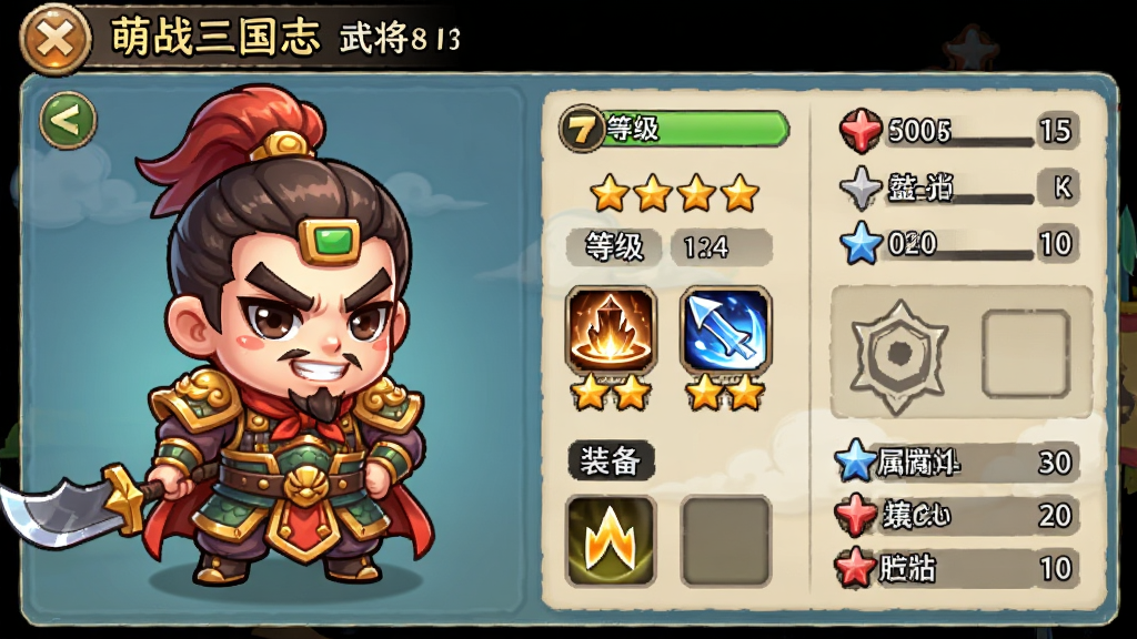 萌战三国志武将养成界面风格画面,主体为一位Q版三国武将的养成面板,布局采用左侧武将立绘右侧属性列表排版,风格为Q版卡通游戏UI,细节包含等级、星级、技能、装备栏位、属性数值等信息展示,画质高清,干净,无多余元素