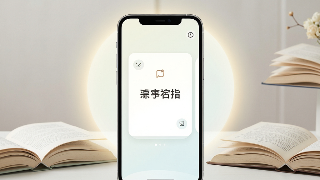 一句话馆软件主界面全貌展示,画面中央是手机屏幕,屏幕内显示简洁的语录卡片,卡片上有中文短句文字,背景为淡雅浅色,周围有柔和的光晕和几本翻开的书本作为装饰,布局居中对称,风格清新简约,细节包括卡片圆角、字体清晰、图标精致,画质高清干净无多余元素