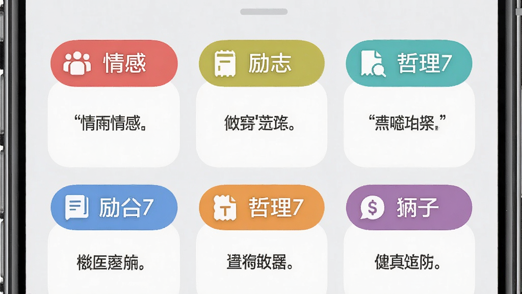 一句话馆海量语录分类界面,手机屏幕中显示多个彩色标签分类,如情感、励志、哲理等,每个分类下方有代表性的短句文字,背景为浅灰色,布局为网格状排列,风格现代扁平化,细节包括标签圆角、图标简洁、文字清晰,画质高清干净无杂乱元素