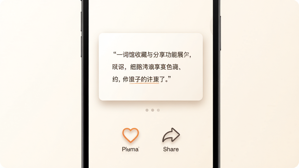一句话馆收藏与分享功能展示,手机屏幕中显示一条语录卡片,下方有收藏心形图标和分享箭头图标,背景为暖白色,布局为上下结构,风格温馨柔和,细节包括卡片阴影、图标高亮、文字排版整齐,画质高清干净无多余装饰