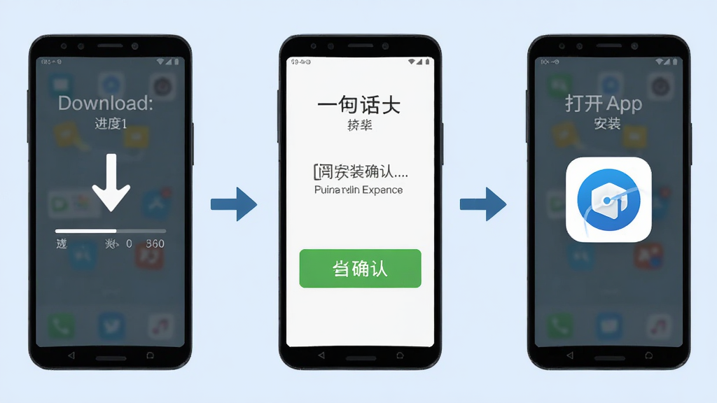 一句话馆安卓手机安装步骤示意图,画面中展示一部手机从下载到安装完成的流程,包含下载进度条、安装确认按钮、打开应用图标三个步骤,背景为浅蓝色,布局为横向排列,风格简洁教程风,细节包括手机边框、箭头指示、文字标签,画质高清干净无多余装饰