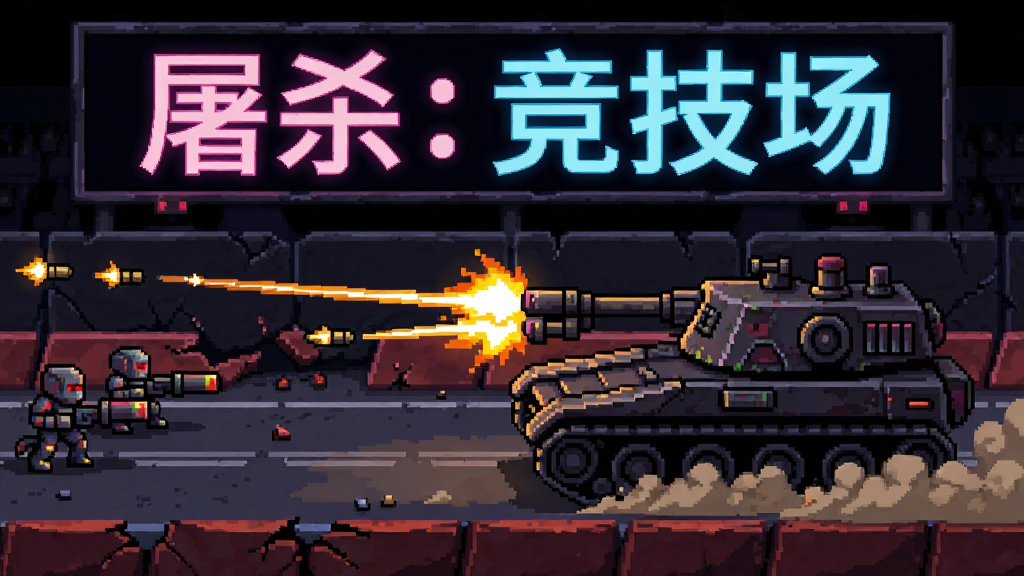 主体是一辆像素风格的重型战车在竞技场赛道上发射武器攻击前方对手,布局采用侧视角动态构图,排版将