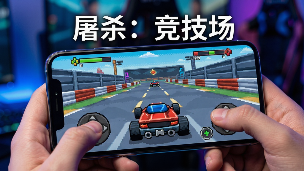 主体是玩家手持手机游玩像素赛车游戏的场景特写,手机屏幕上显示屠杀:竞技场的竞速对战画面,布局采用第一人称视角构图,排版将
