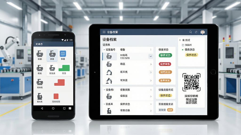 一张展示生产线设备档案管理系统核心界面的图片,画面主体为一部安卓手机和一台平板电脑并排摆放,屏幕中显示设备档案列表、设备编号、保养状态标签与二维码扫描入口,背景为整洁的现代化工厂车间,布局采用左右分栏排版,风格为写实科技风,细节包含设备图标、状态色块与数据卡片,画质清晰,干净,无多余元素