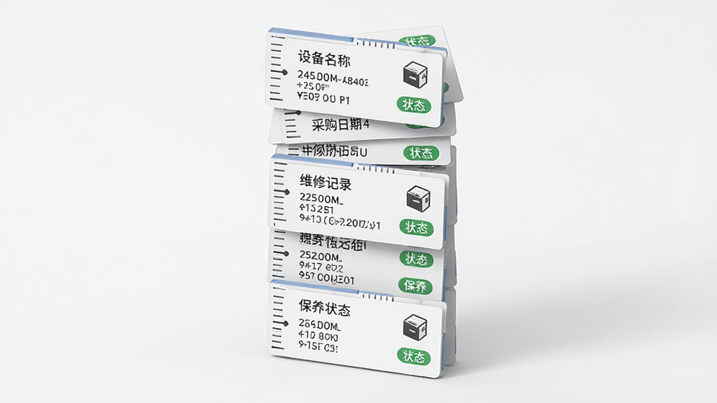 一张展示生产线设备档案管理系统全生命周期档案管理功能的图片,画面主体为一座由多个档案卡片堆叠而成的三维时间轴,卡片上标注设备名称、采购日期、维修记录与保养状态,布局为居中纵向排列,风格为简洁商务风,细节包含时间刻度、状态标签与设备图标,画质清晰,干净,无多余元素