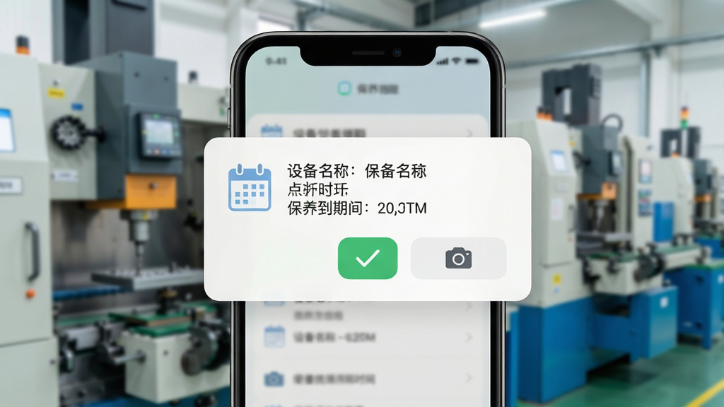 一张展示生产线设备档案管理系统点检保养提醒功能的图片,画面主体为手机屏幕弹出保养提醒通知,通知中包含设备名称与保养到期时间,背景为车间设备特写,布局为居中突出通知卡片,风格为清新浅色风,细节包含日历图标、勾选按钮与相机上传入口,画质清晰,干净,无多余元素