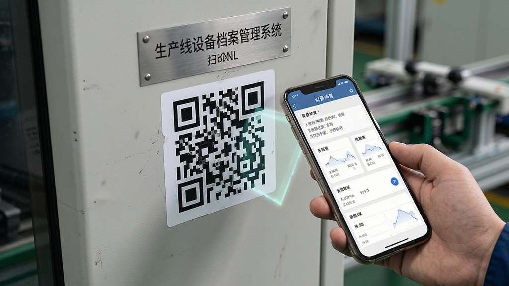 一张展示生产线设备档案管理系统扫码查询功能的图片,画面主体为一台工业设备机身贴有二维码标签,旁边一只手拿手机正在扫描,手机屏幕显示设备档案详情页,布局为斜角构图,风格为写实工业风,细节包含二维码纹理、手机界面数据卡片与设备铭牌,画质清晰,干净,无多余元素