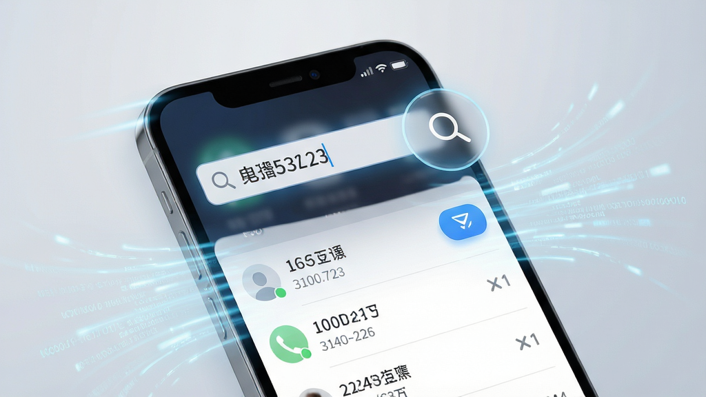 一幅表现通话记录极速查软件搜索功能的场景图,画面主体是一部手机,屏幕上显示着搜索框内已输入部分号码,下方列表实时过滤出匹配的通话记录条目,屏幕周围环绕着象征速度的淡蓝色光效与数据流线条,背景为柔和的渐变浅灰色,风格科技感与简洁感并存,细节上突出搜索图标与筛选按钮,画质清晰,画面干净,无多余元素