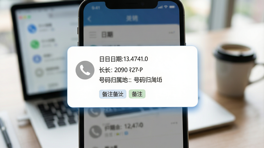 一张展示通话记录极速查软件详情页面的特写图片,手机屏幕中央弹出一个信息卡片,卡片上清晰列出某条通话的日期、时长、号码归属地以及用户自定义的备注标签,卡片背景为白色,边缘带有淡蓝色阴影,手机背景为模糊的办公桌面,有笔记本电脑和咖啡杯的虚影,布局突出信息卡片,风格商务简约,画质高清,细节锐利,画面干净,无多余元素