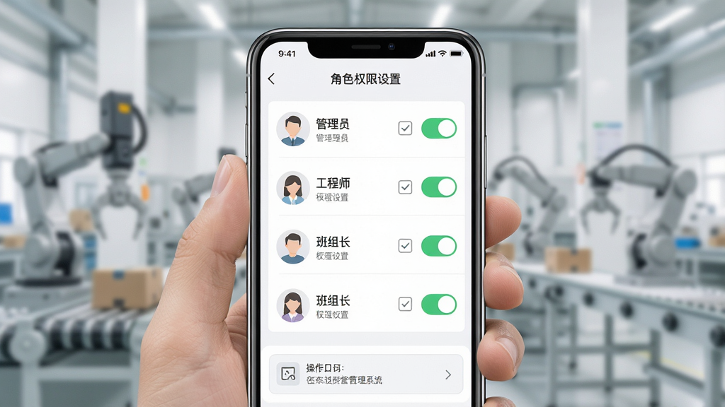一张展示生产线设备档案管理系统权限管理功能的图片,画面主体为手机屏幕显示角色权限设置界面,列表中包含管理员、工程师、班组长等角色与对应权限开关,布局为纵向列表排版,风格为清爽素雅风,细节包含角色头像图标、权限勾选框与操作日志入口,画质清晰,干净,无多余元素